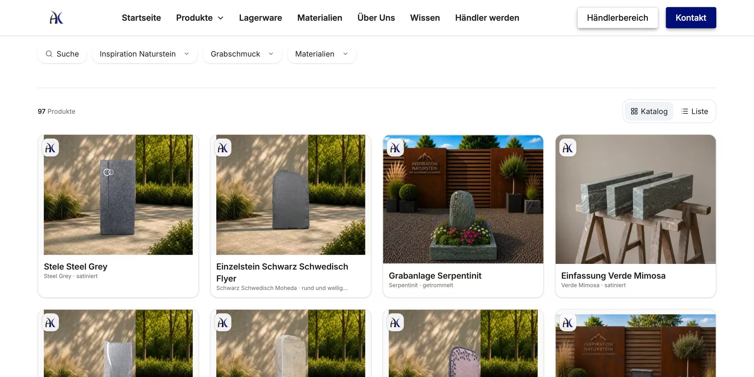 Produktkatalog von Inspiration Naturstein mit Filtern und Produktgrid