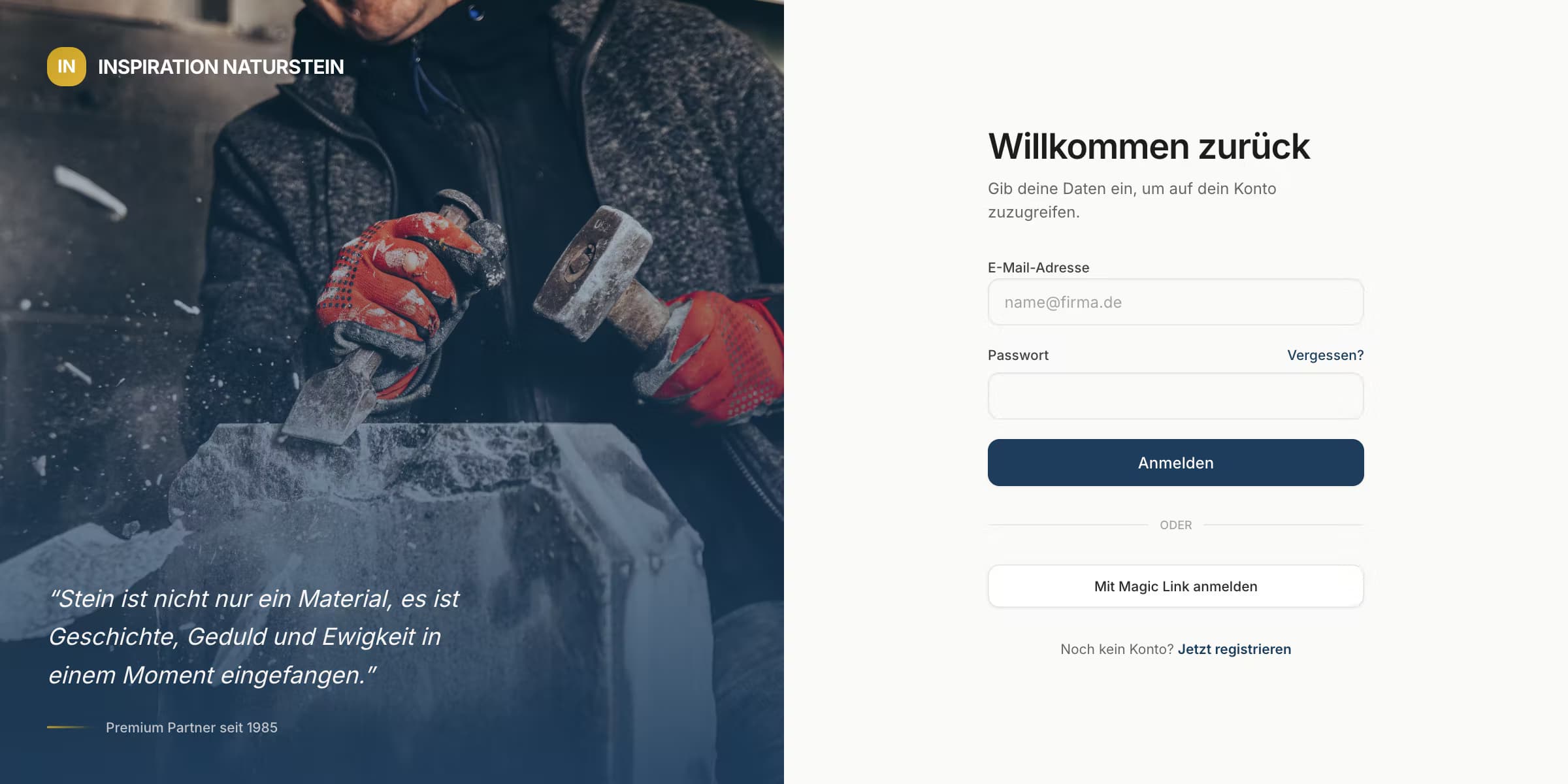 Login-Seite des Händlerportals von Inspiration Naturstein